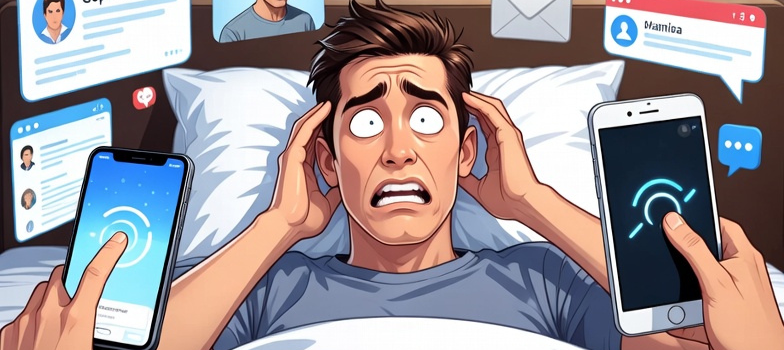 Person overwhelmed by multiple digital devices and notifications experiencing cognitive burden and stress